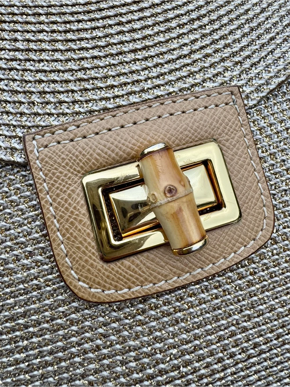 Eric Javits Woven Shoulder Bag with Gold Turn-Lock in Taupe